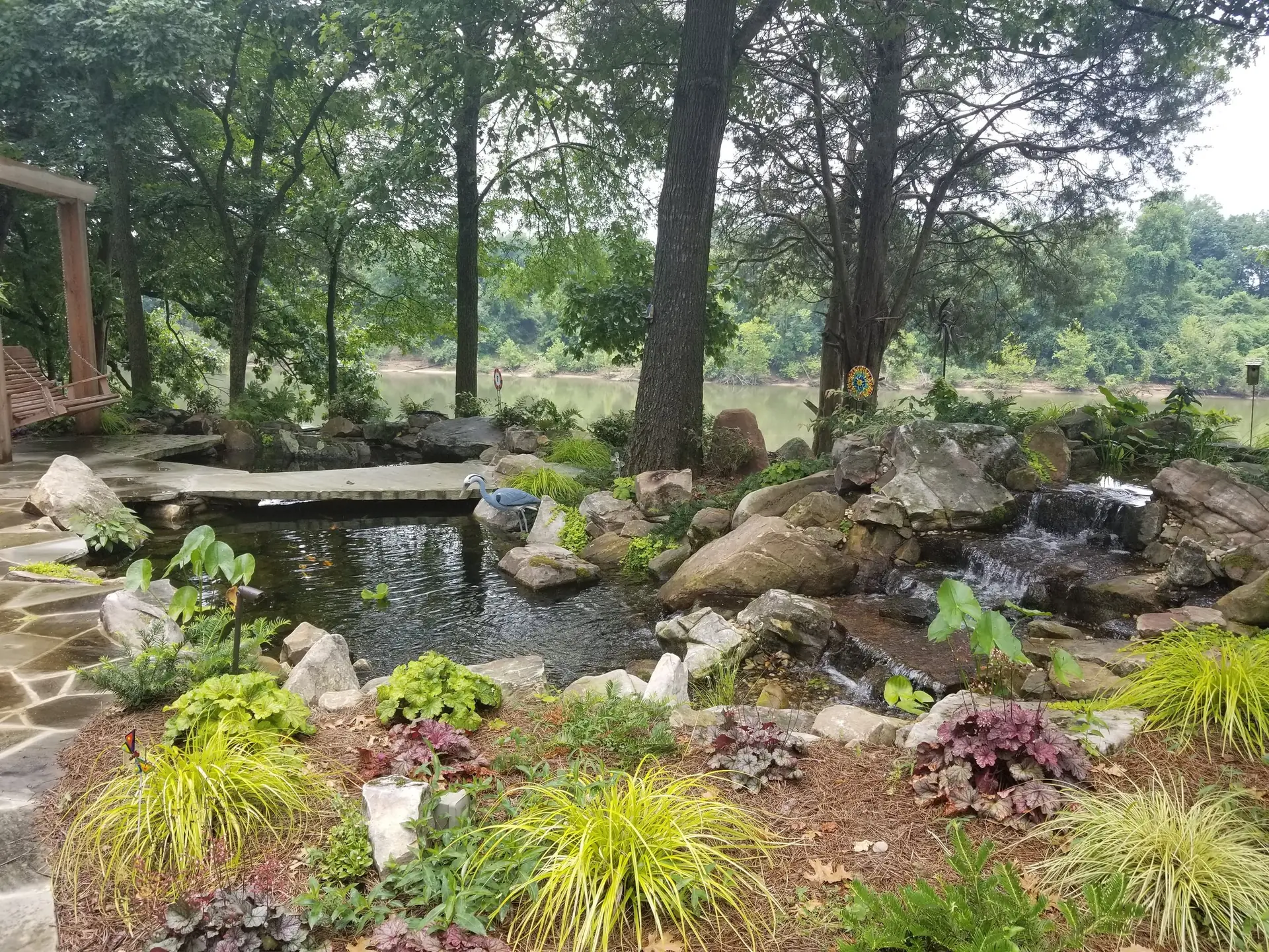 A pond garden edged with golden grasses and heuchera